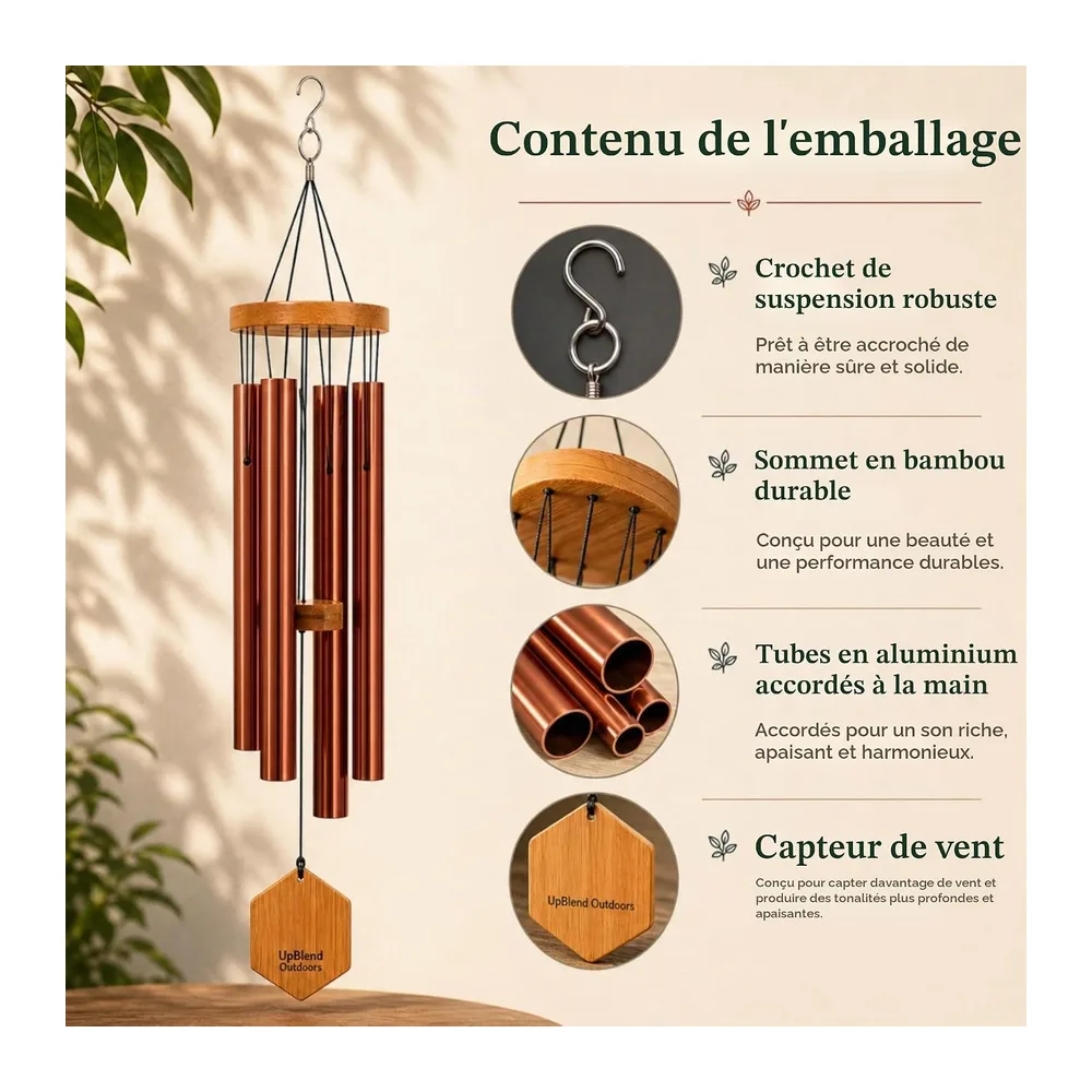 UpBlend Outdoors Carillon éolien pour extérieur – Carillon éolien Rouge cuivré de 73,7 cm pour l'extérieur, Carillon à V
