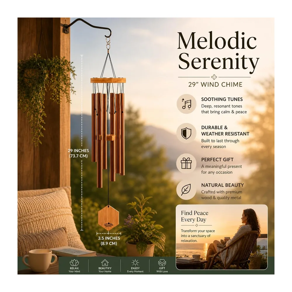 UpBlend Outdoors Carillon éolien pour extérieur – Carillon éolien Rouge cuivré de 73,7 cm pour l'extérieur, Carillon à V