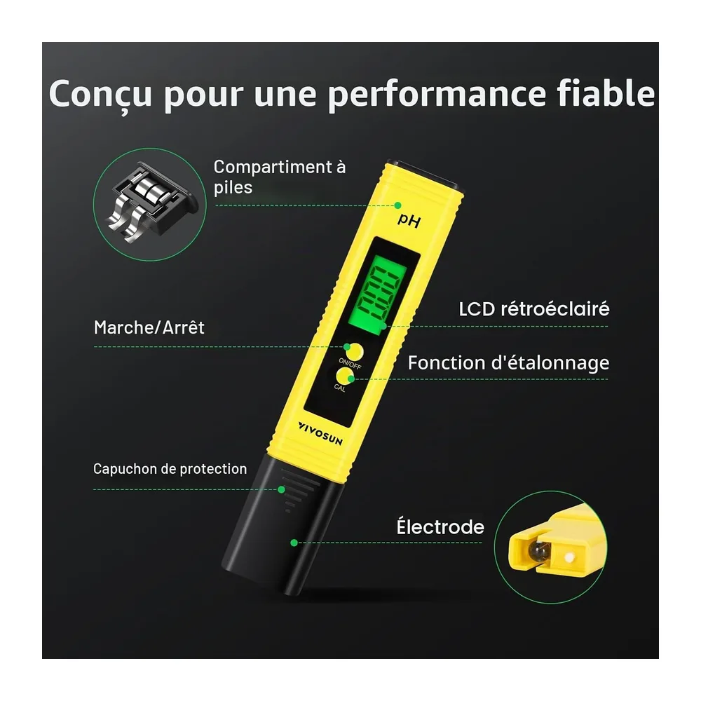 VIVOSUN pH Mètre Numérique, Testeur pH Mètre de Type Stylo Haute Précision 0,01 pH pour Culture Hydroponique, PH Mètre N