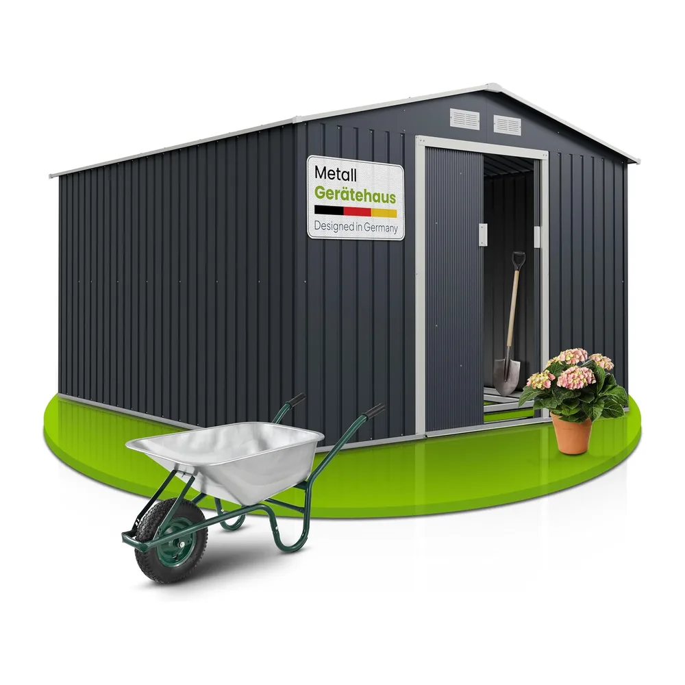Juskys Abri à Outils en métal de 8,9m² avec Toit en Pente, Porte coulissante et Fondation