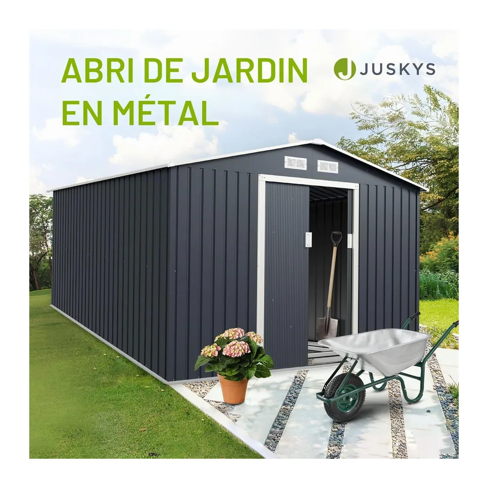 Juskys Abri à Outils en métal de 8,9m² avec Toit en Pente, Porte coulissante et Fondation