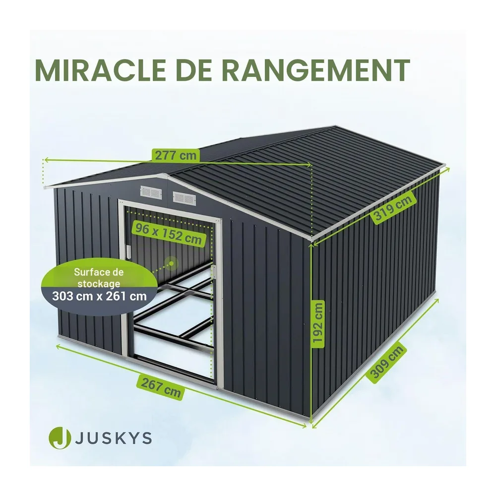 Juskys Abri à Outils en métal de 8,9m² avec Toit en Pente, Porte coulissante et Fondation