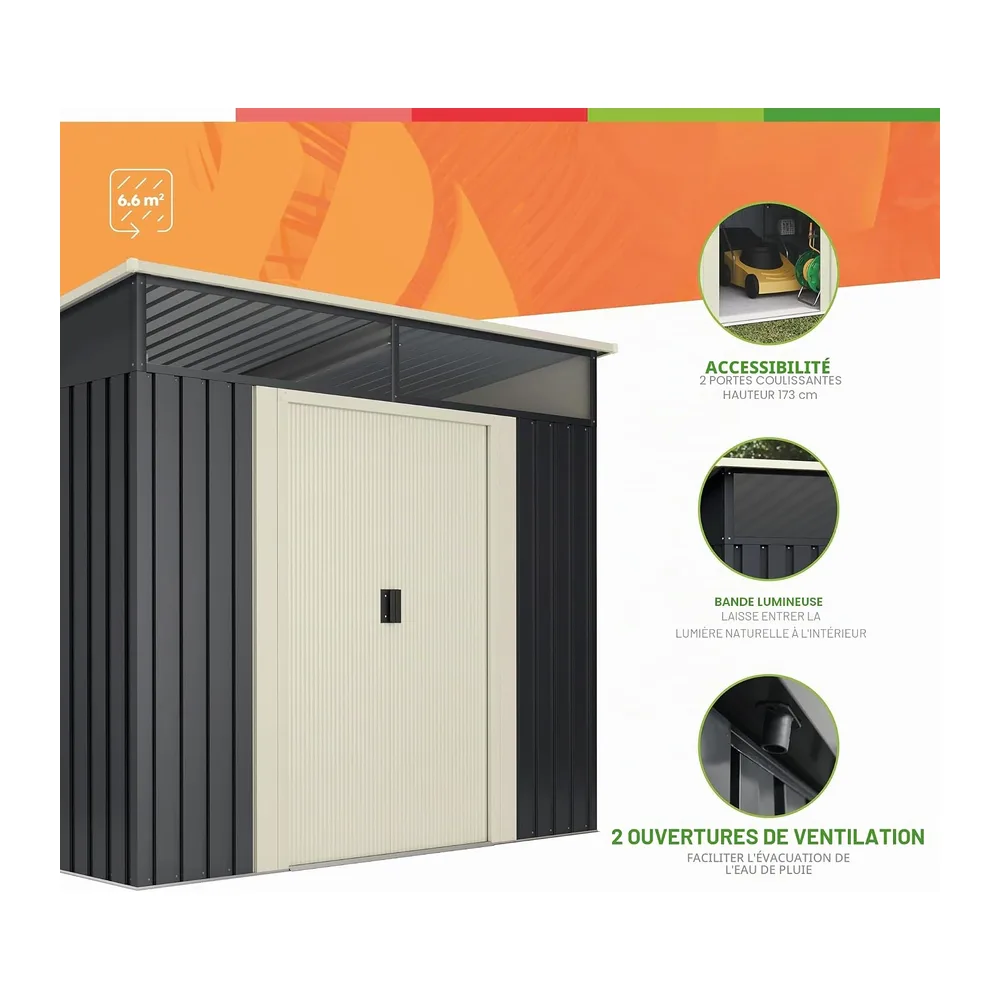 Wasabi - Abri de Jardin Métal 6,6m2 Stark avec fenêtre - Porte coulissante Double - Toit