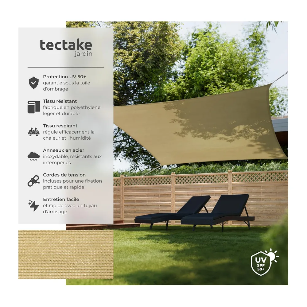 tectake® Voile d'ombrage carrée 4x4m Protection Bache Anti UV 50+ Toile ombrage Exterieur