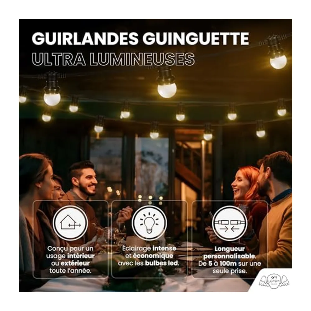 SKYLANTERN® Guirlande Guinguette 10M Blanc IP65 - Guirlande Electrique Exterieur 10