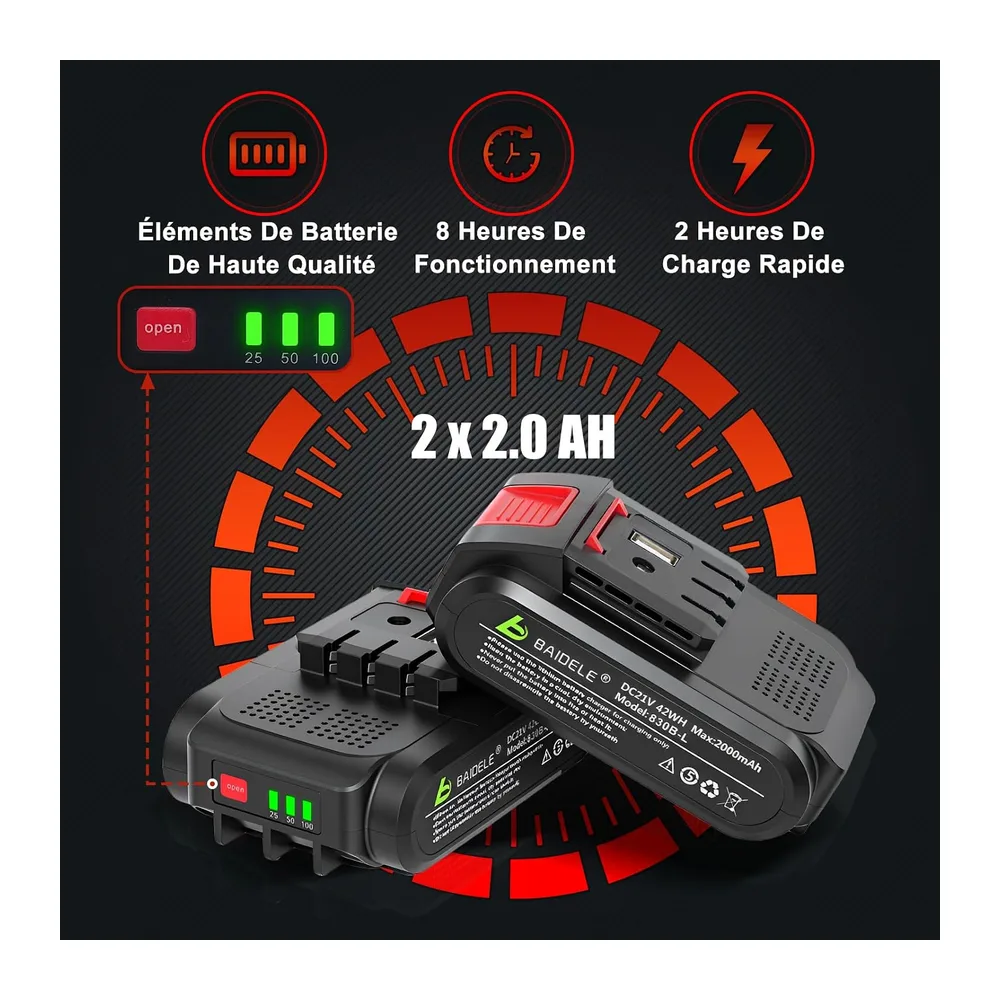 Secateur Electrique Sans Fil 50MM, Alimenté Par 2 Batteries de 2,0 AH