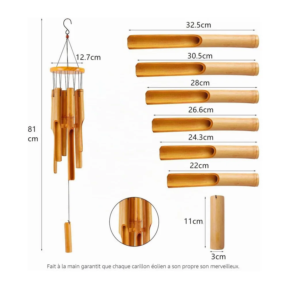 Carillon à vent commémoratif en bambou – Grand carillon à vent en bois pour intérieur et