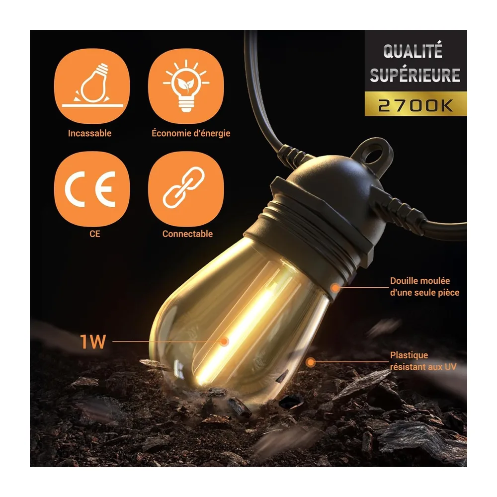 Quntis S14 Guirlande Lumineuse Exterieure 16M 15+1 Ampoules, Connectable