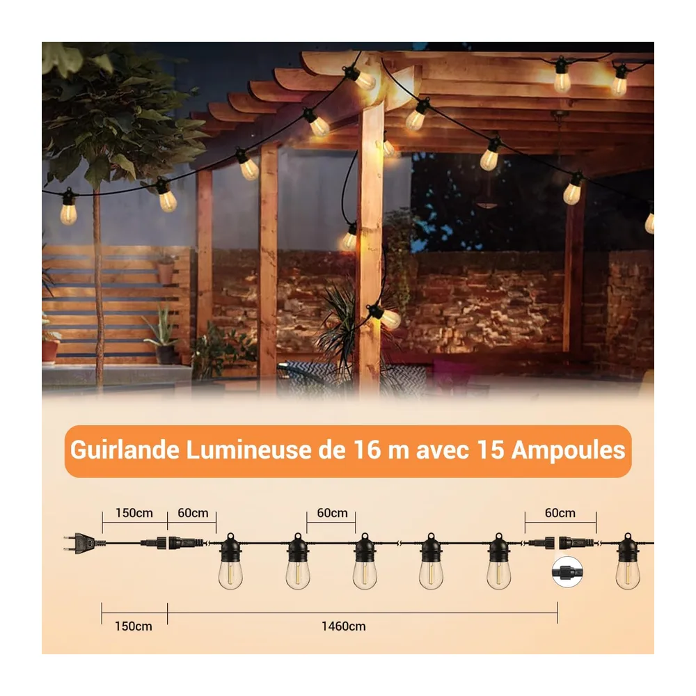 Quntis S14 Guirlande Lumineuse Exterieure 16M 15+1 Ampoules, Connectable