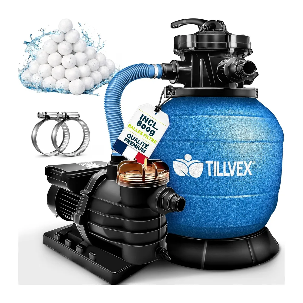 tillvex Système de Filtre à Sable 10m³/h + 800g Boules de filtre – 7 Fonctions