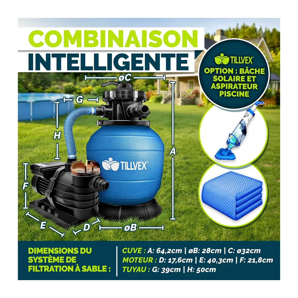 tillvex Système de Filtre à Sable 10m³/h + 800g Boules de filtre – 7 Fonctions