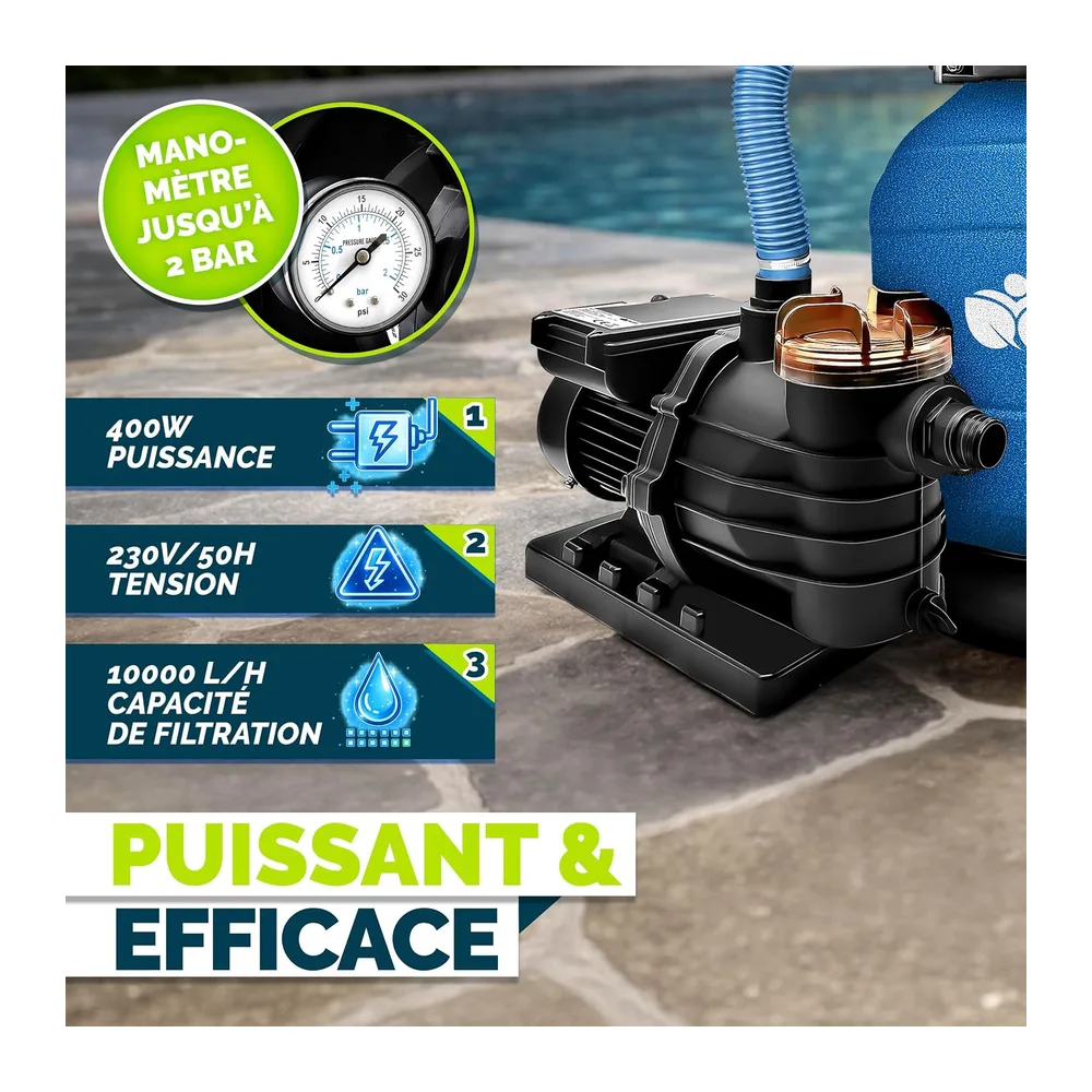 tillvex Système de Filtre à Sable 10m³/h + 800g Boules de filtre – 7 Fonctions