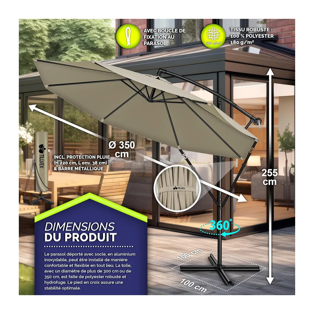 tillvex Parasol déporté hexagonale 3M avec manivelle