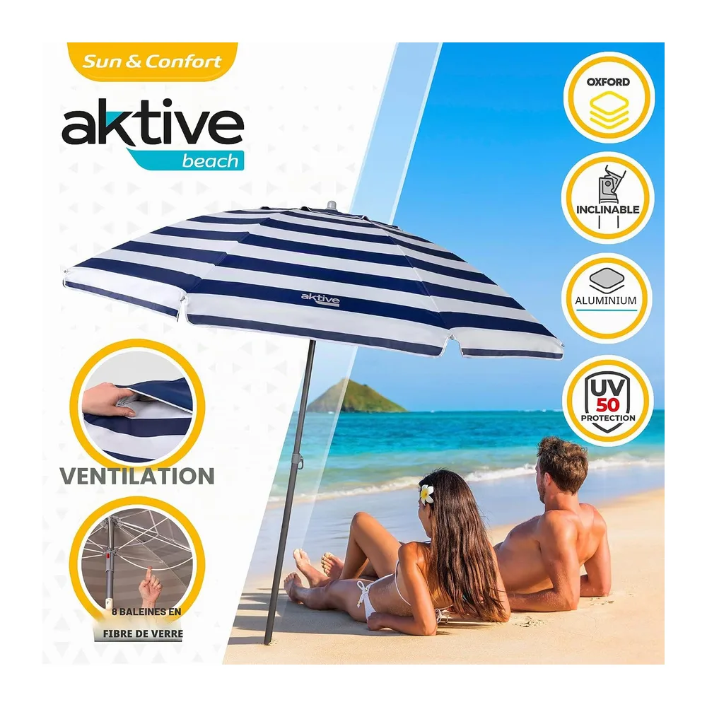 AKTIVE Parasol de Plage, 220 cm, Pare-Soleil Résistant au Vent, Toit de Ventilation, Mât