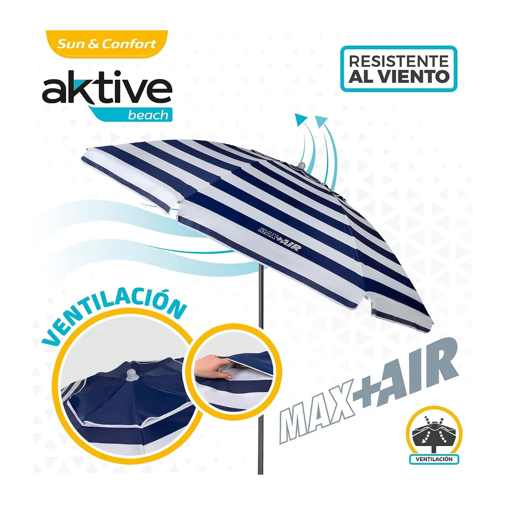AKTIVE Parasol de Plage, 220 cm, Pare-Soleil Résistant au Vent, Toit de Ventilation, Mât