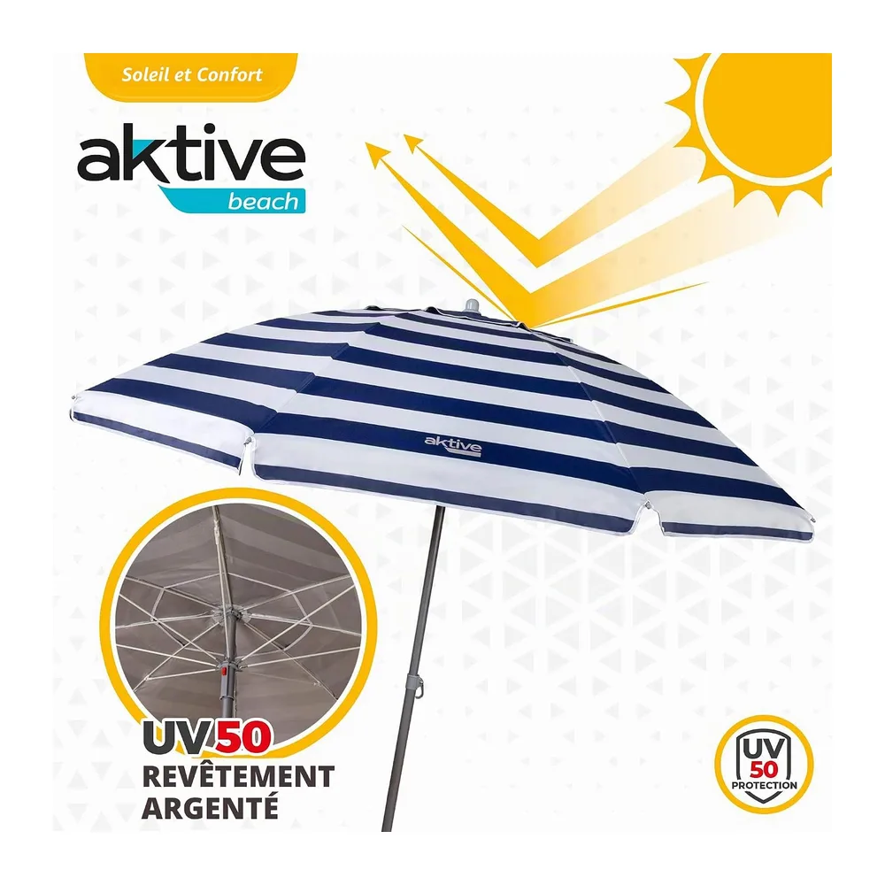 AKTIVE Parasol de Plage, 220 cm, Pare-Soleil Résistant au Vent, Toit de Ventilation, Mât
