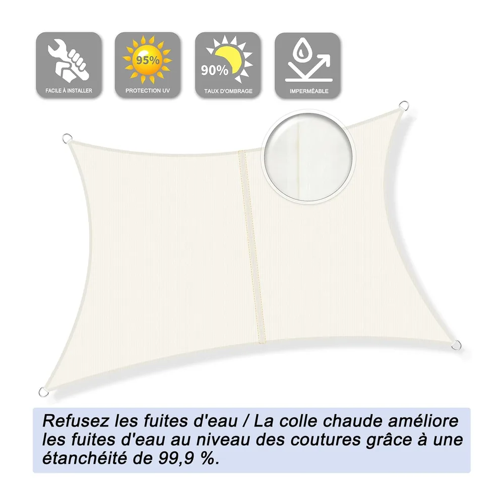 Sunnylaxx 3x4m Crème Voile d’ombrage Rectangulaire, Toile Imperméable Une Protection des