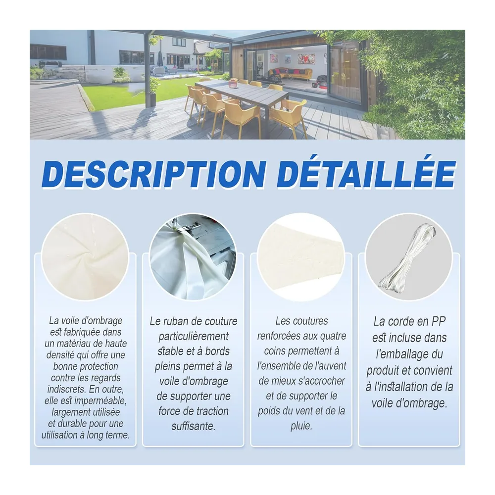 Sunnylaxx 3x4m Crème Voile d’ombrage Rectangulaire, Toile Imperméable Une Protection des