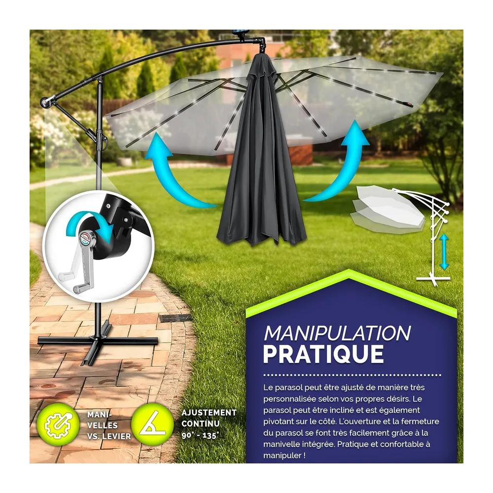 tillvex Parasol déporté LED solaire hexagonale 3M avec manivelle