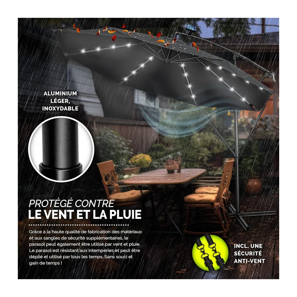 tillvex Parasol déporté LED solaire hexagonale 3M avec manivelle