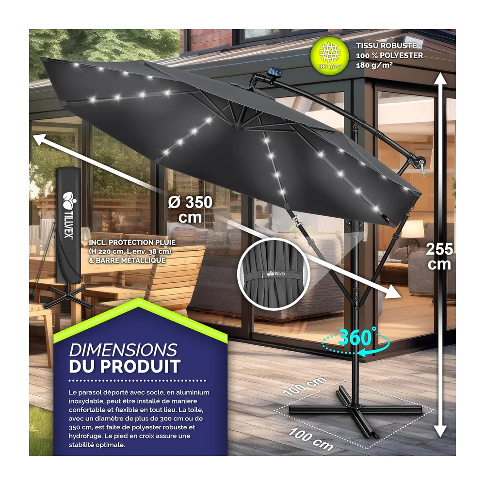 tillvex Parasol déporté LED solaire hexagonale 3M avec manivelle