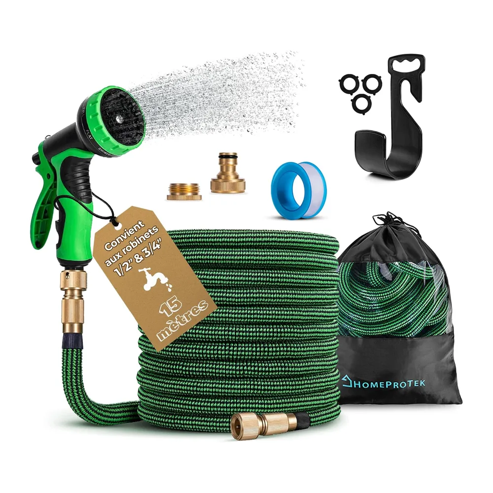 HOMEPROTEK Tuyau d'Arrosage Extensible 15m - Tuyau d’Eau Réglable avec 1/2'' et 3/4''