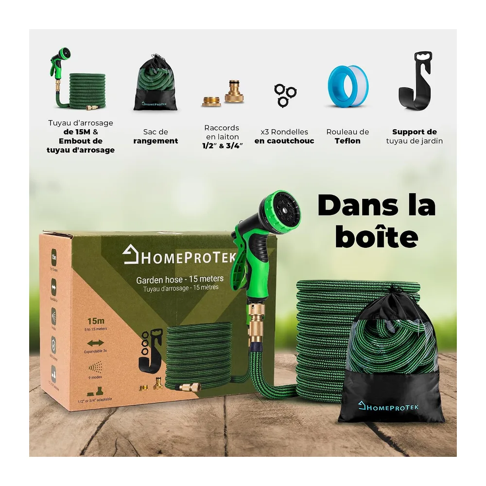 HOMEPROTEK Tuyau d'Arrosage Extensible 15m - Tuyau d’Eau Réglable avec 1/2'' et 3/4''