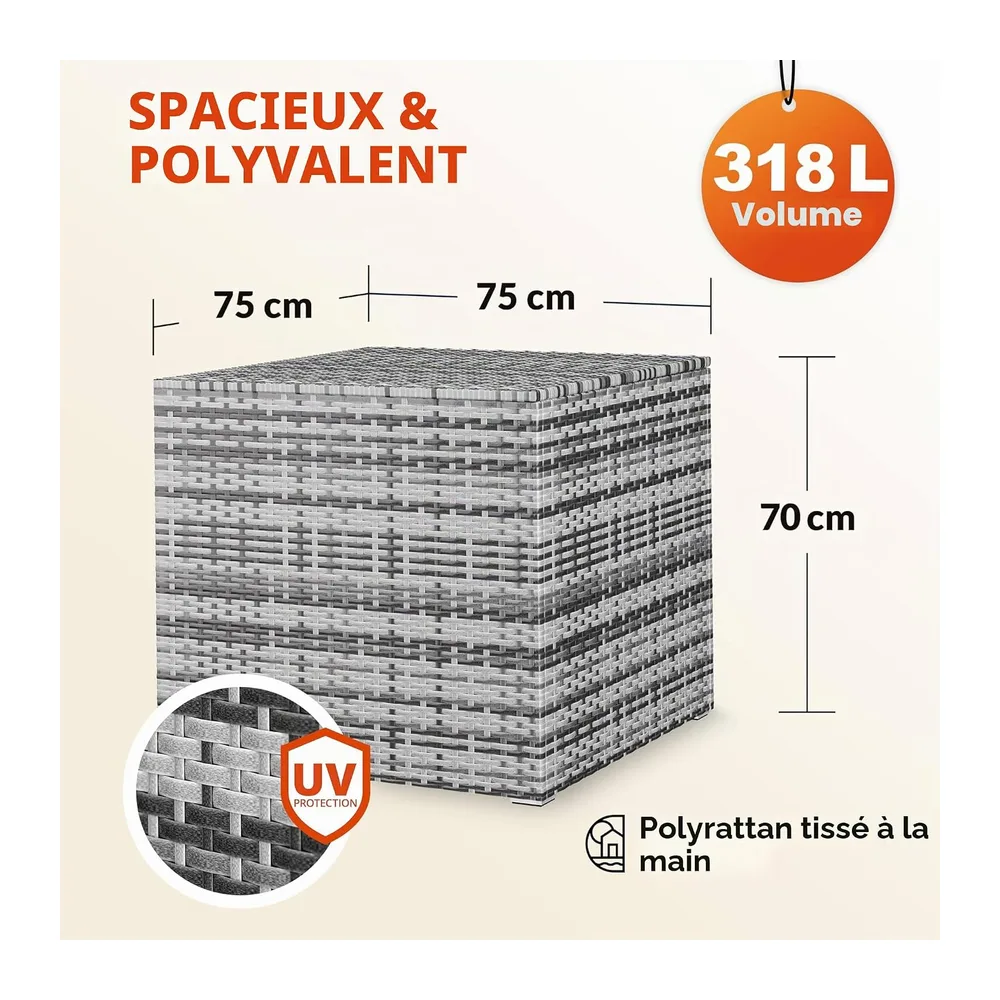 Casaria Coffre de Rangement 318L Gris avec Couvercle et Vérin à Gaz