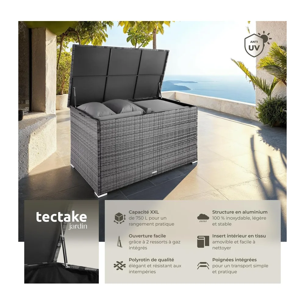 tectake® Coffre de jardin Exterieur, Coffre à Coussins 750 L en Aluminium Polyrotin 145 x