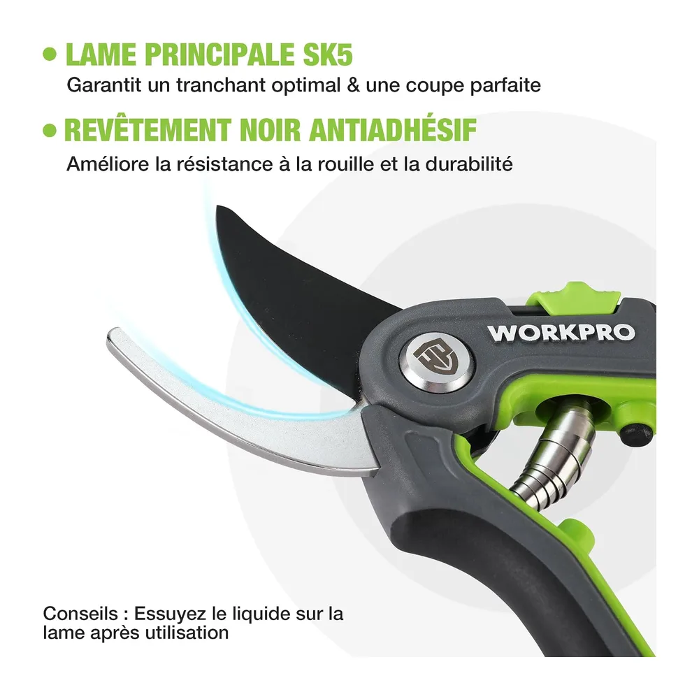 WORKPRO Sécateur de Jardin Professionnel 210mm, avec Lame SK5