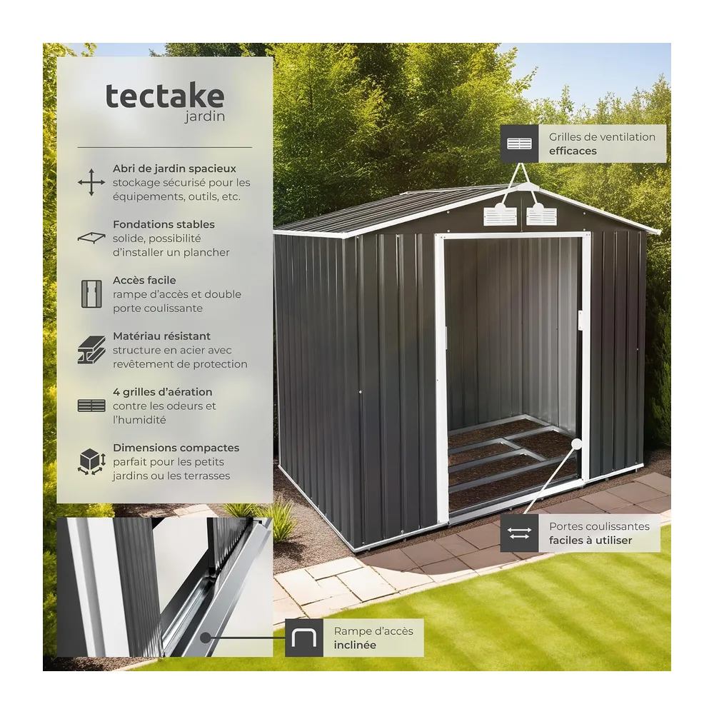tectake® Abri de Jardin en métal 4.2m³, Cabane de Jardin à Outils, Toiture 2 pans avec