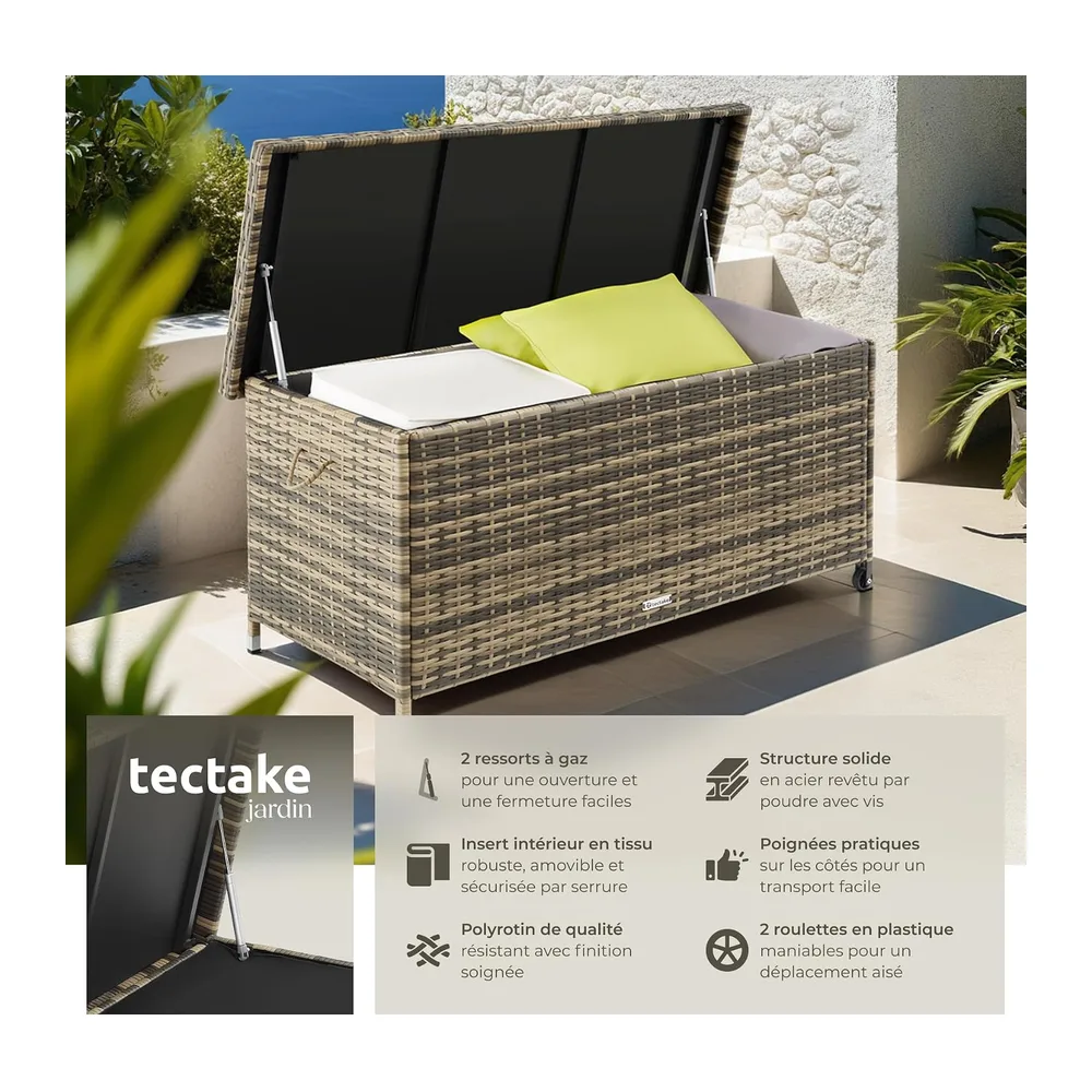 tectake® Coffre de jardin Exterieur, Coffre à Coussins 270 L en Aspect Rotin