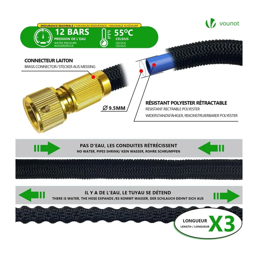 VOUNOT® Tuyau d'Arrosage Extensible 30m Renforcé Adaptable 1/2" et 3/4" 10 Modes de