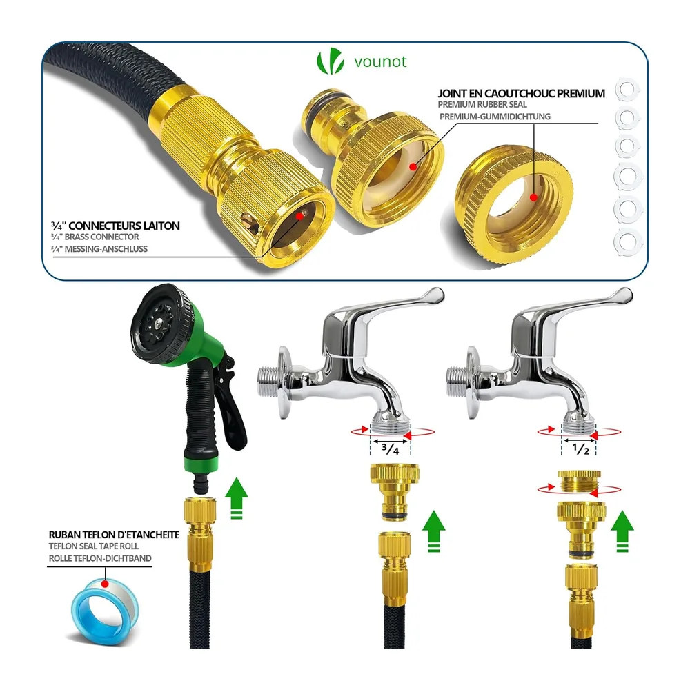 VOUNOT® Tuyau d'Arrosage Extensible 30m Renforcé Adaptable 1/2" et 3/4" 10 Modes de