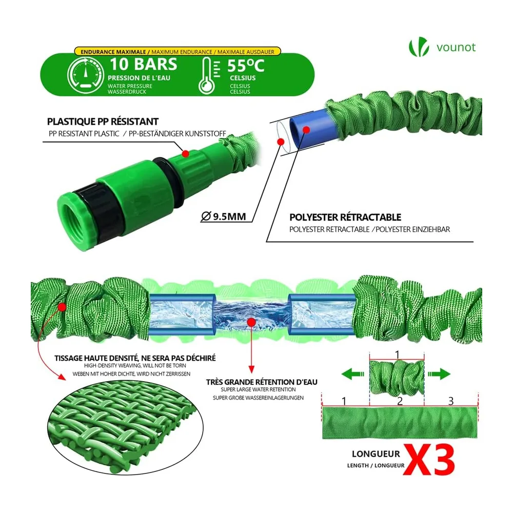 VOUNOT® Tuyau d'Arrosage Extensible 30m Adaptable 1/2" et 3/4" 10 Modes de Pulvérisation