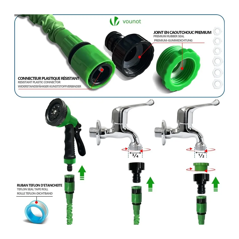 VOUNOT® Tuyau d'Arrosage Extensible 30m Adaptable 1/2" et 3/4" 10 Modes de Pulvérisation