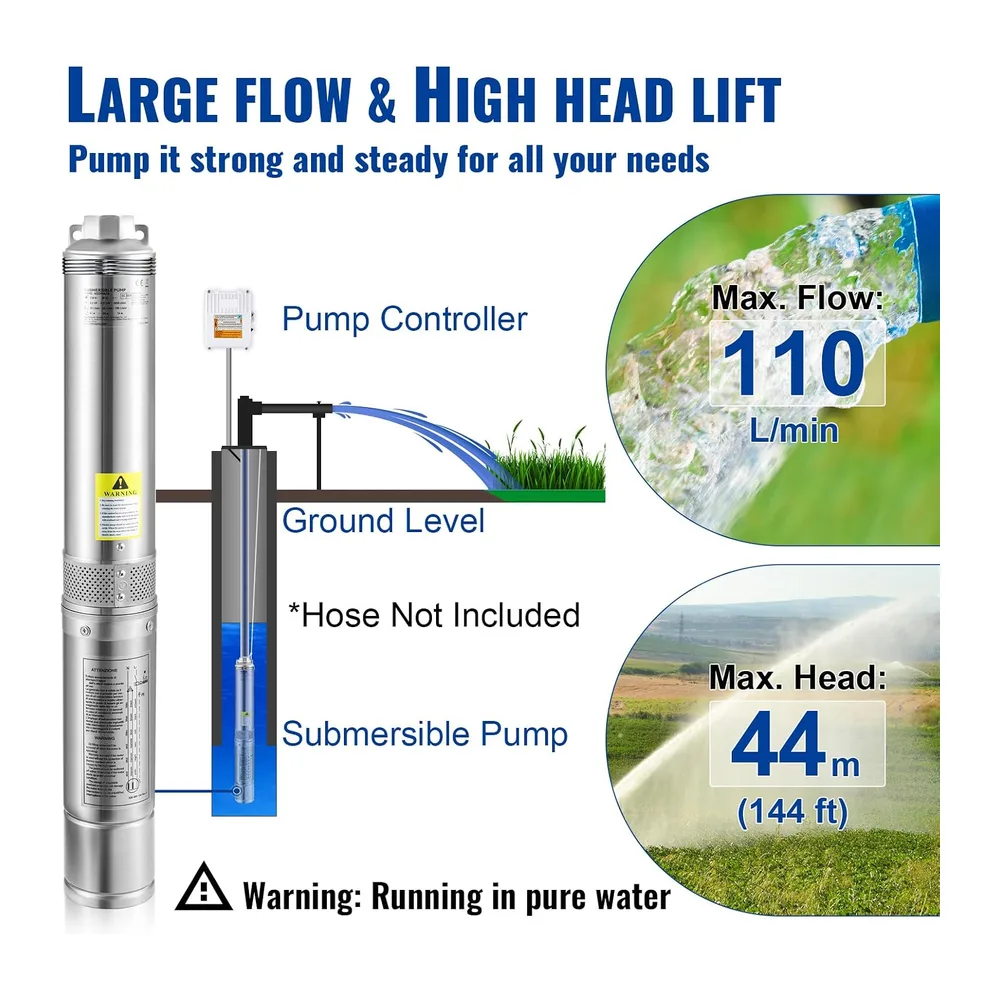 VEVOR Pompe Immergée pour Puits 6600 L/h 44 m Pompe à Eau pour Puits Profond en Acier