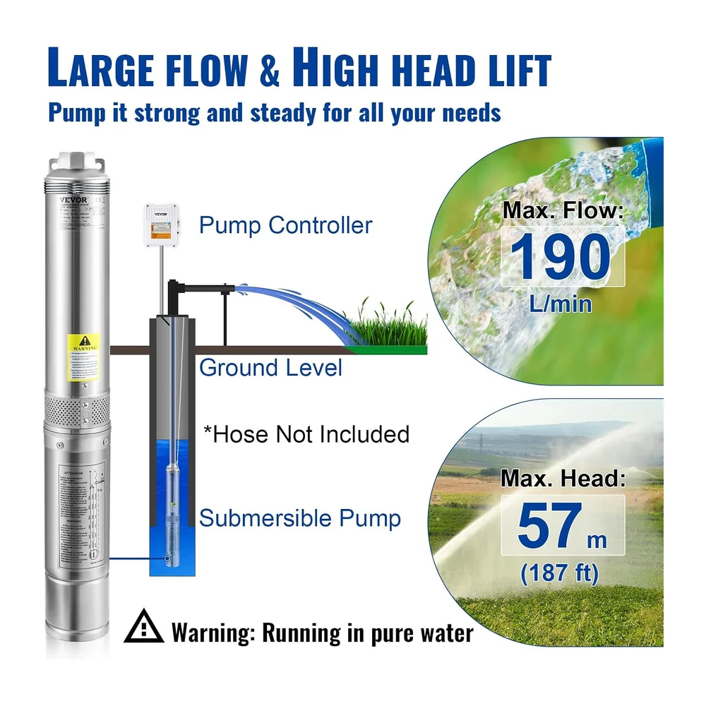 VEVOR Pompe Immergée pour Puits 11400 L/h 57 m Pompe à Eau pour Puits Profond en Acier