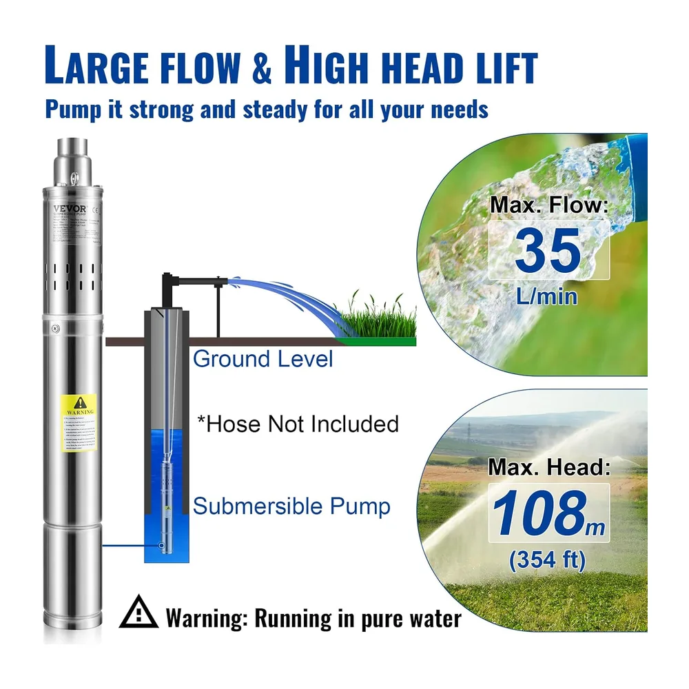 VEVOR Pompe Immergée pour Puits 2100 L/h 108 m Pompe à Eau pour Puits Profond en Acier