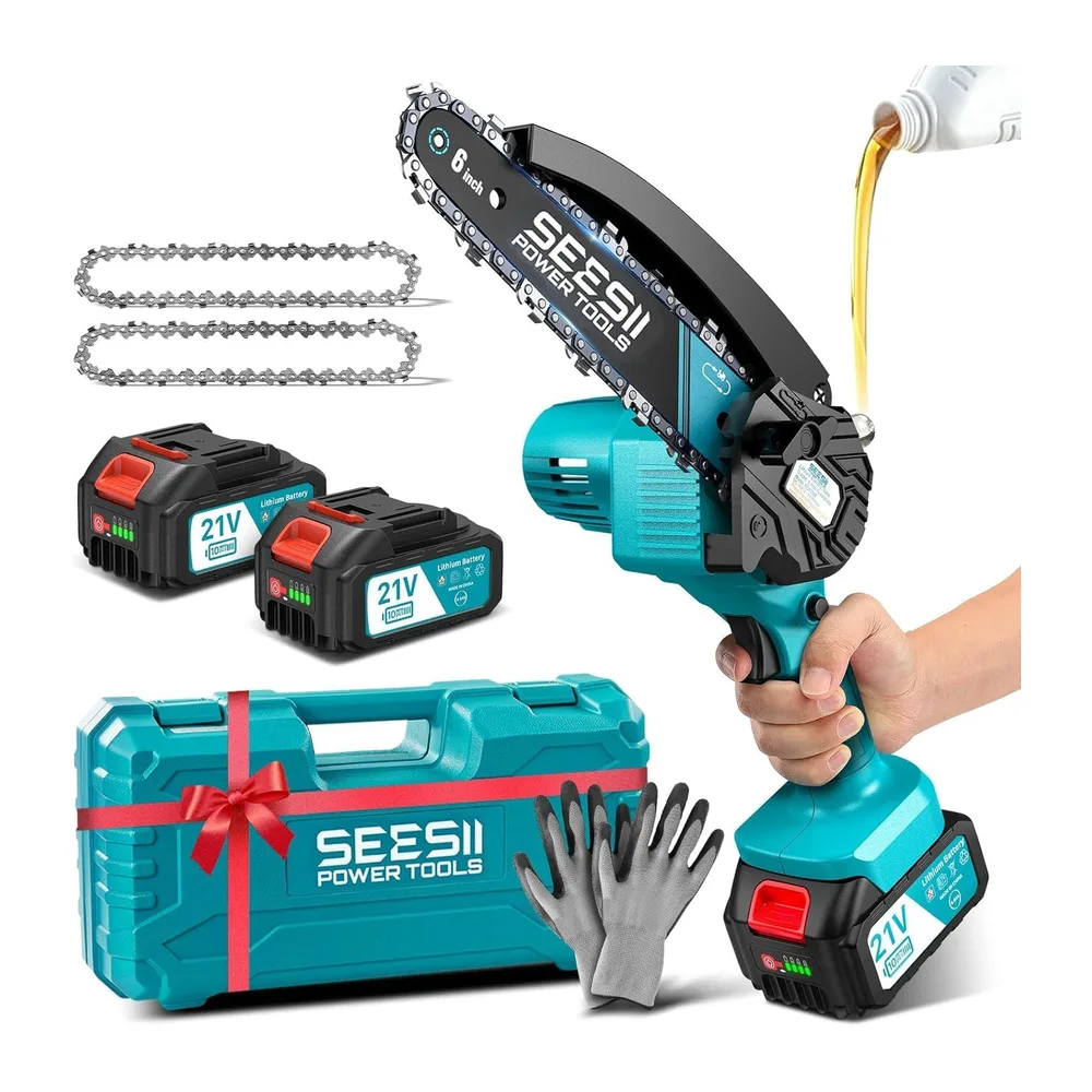SEESII Mini Tronçonneuse à Batterie 2x4000mAh, 6 Pouces Tronçonneuse Électrique sans Fil