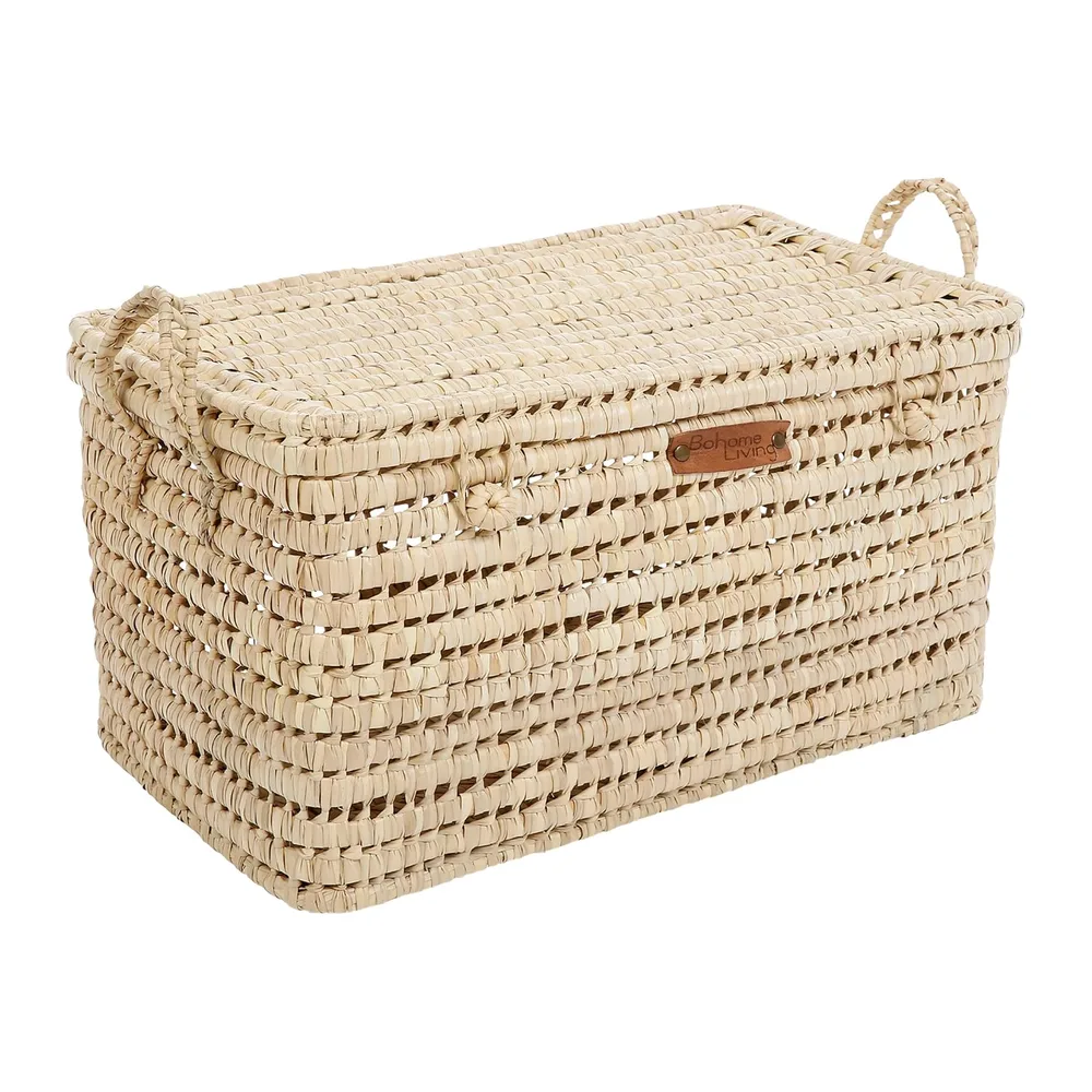 Coffre de Rangement en Osier Tressé, Malle de Rangement, Panier à Linge, Déco Bohème Chic