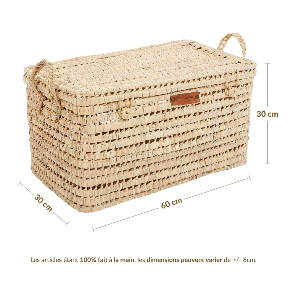 Coffre de Rangement en Osier Tressé, Malle de Rangement, Panier à Linge, Déco Bohème Chic
