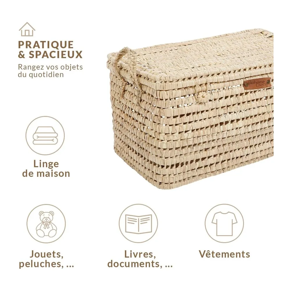 Coffre de Rangement en Osier Tressé, Malle de Rangement, Panier à Linge, Déco Bohème Chic