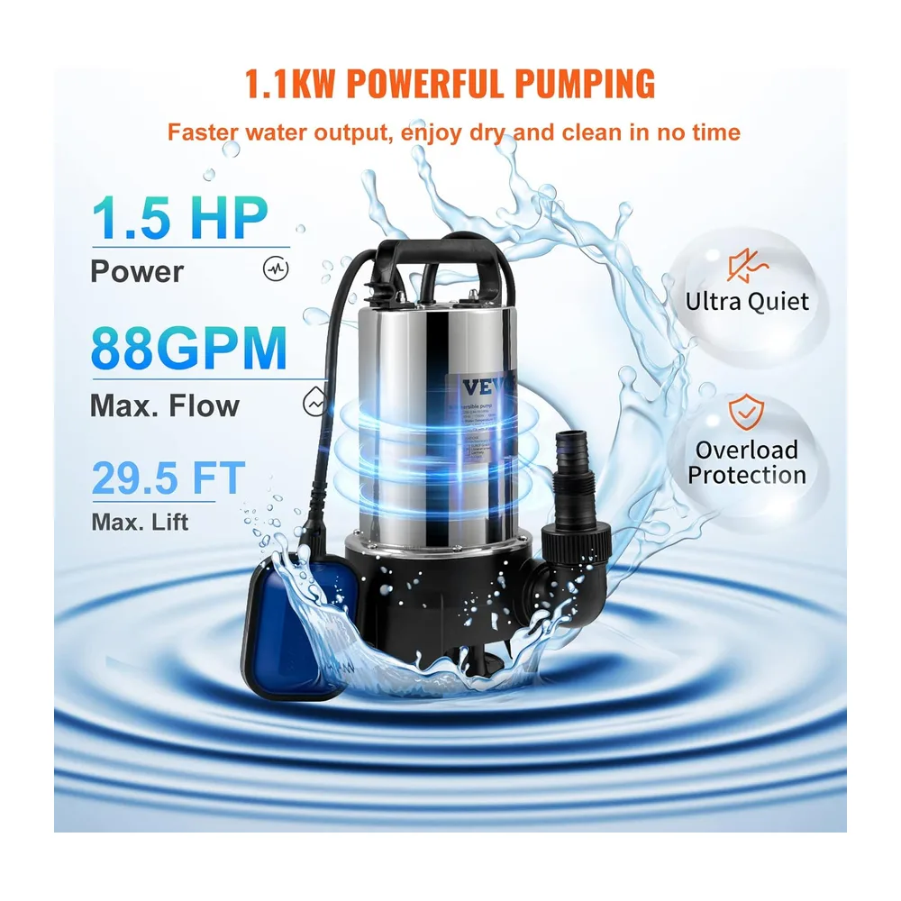 VEVOR Pompe de Relevage Eaux Chargées 1100 W Pompe d'Évacuation pour Eaux Chargées, 333,3