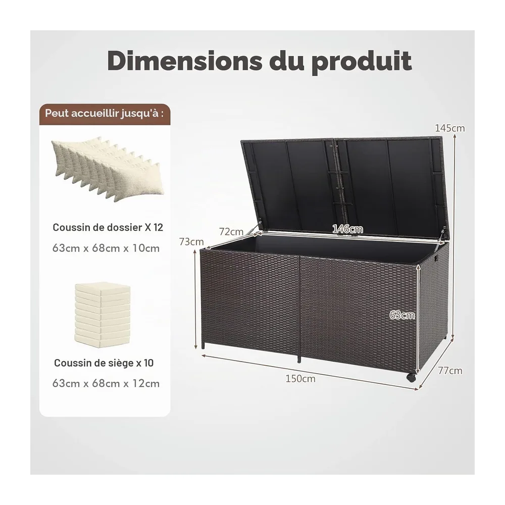 GIANTEX Coffre de Rangement en Rotin 662 L, Boîte de Rangement Résine avec 2 Roulettes et