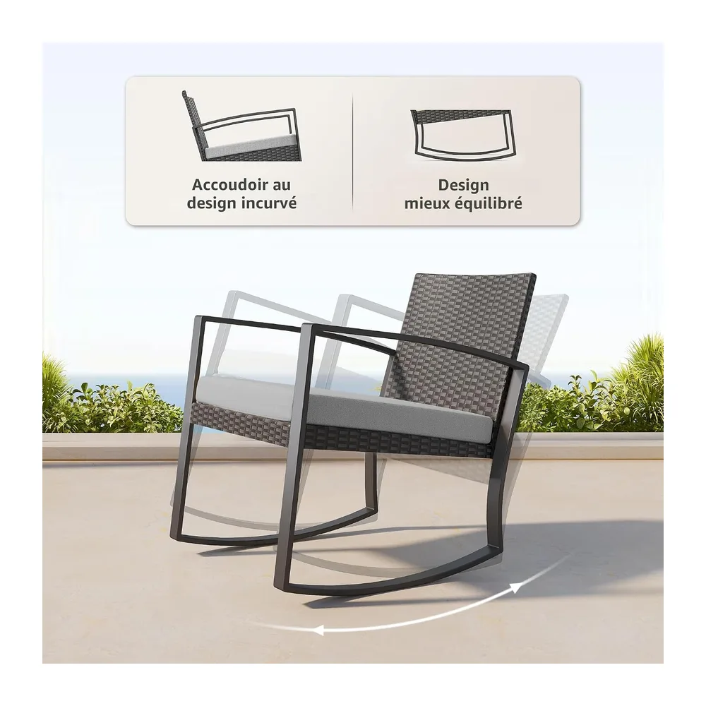 Bealife Ensemble Salon de Jardin 3 pièces avec 2 Fauteuils à Bascule et Table Basse – Chaises en Poly Rotin avec Coussins Mobilier de Jardin pour Amenagement Balcon Terrasse - Gris