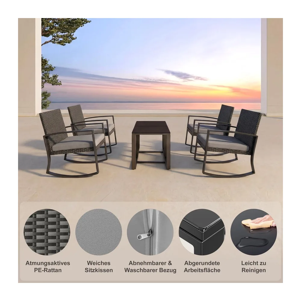 Bealife Ensemble Salon de Jardin 3 pièces avec 2 Fauteuils à Bascule et Table Basse – Chaises en Poly Rotin avec Coussin