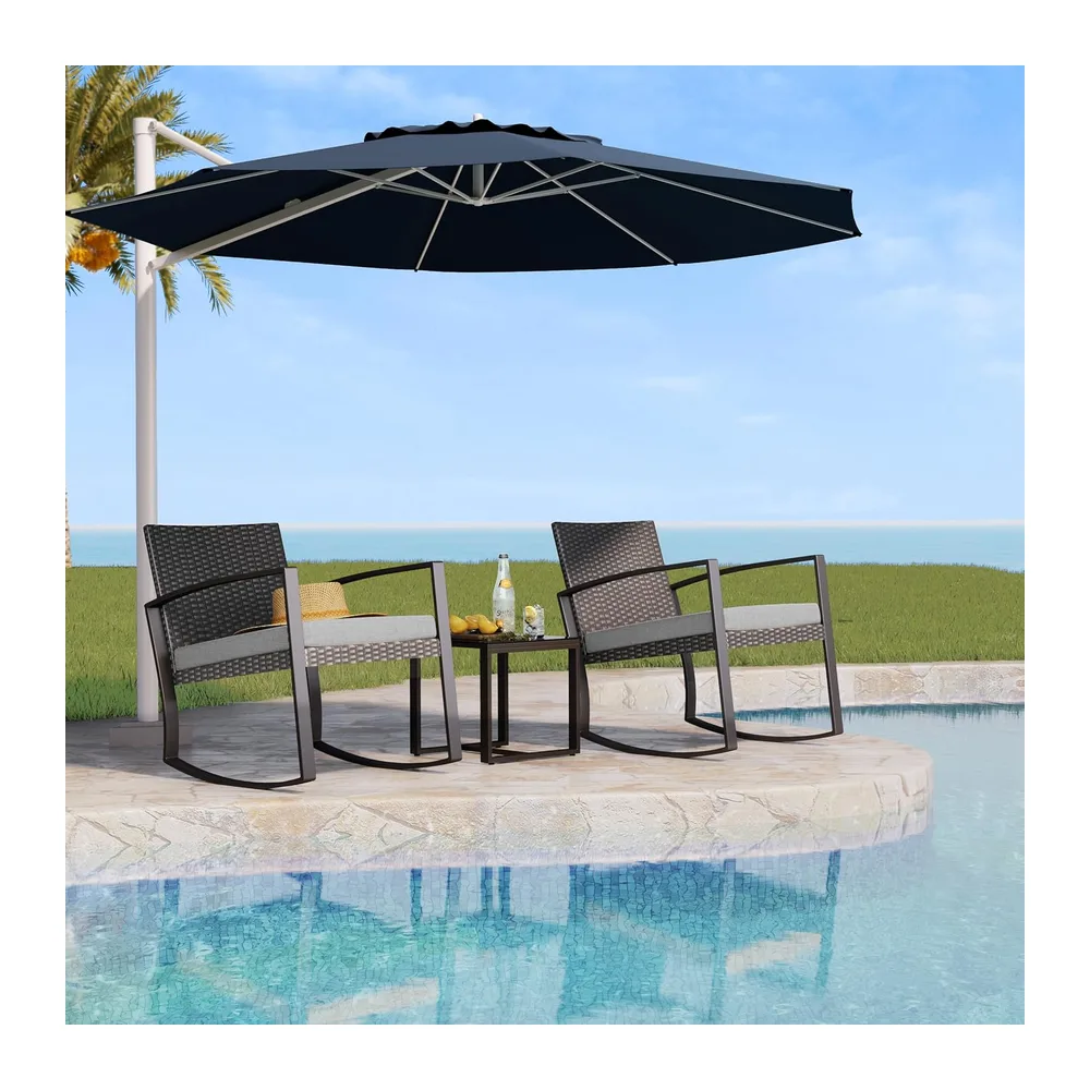 Bealife Ensemble Salon de Jardin 3 pièces avec 2 Fauteuils à Bascule et Table Basse – Chaises en Poly Rotin avec Coussin