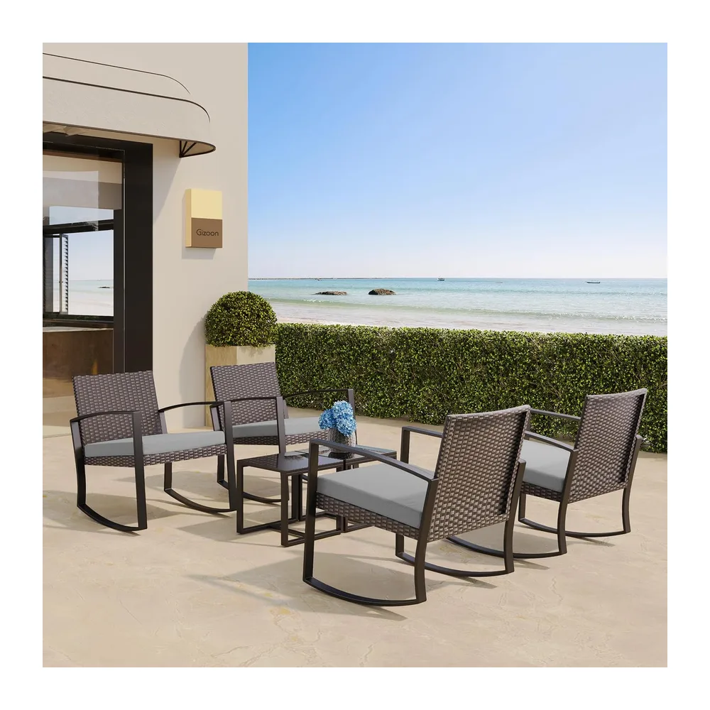 Bealife Ensemble Salon de Jardin 3 pièces avec 2 Fauteuils à Bascule et Table Basse – Chaises en Poly Rotin avec Coussin