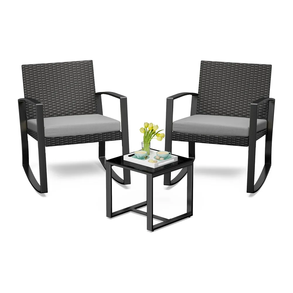 Bealife Ensemble Salon de Jardin 3 pièces avec 2 Fauteuils à Bascule et Table Basse – Chaises en Poly Rotin avec Coussin